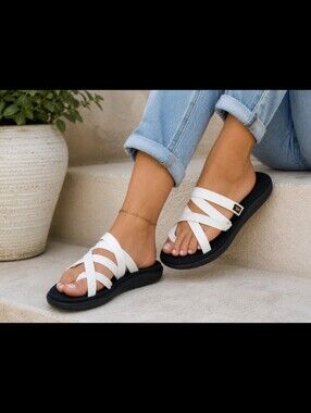 Teva White Multi-Strap Comfort Slide Sandals | Cushioned Footbed | Women's Sz 10